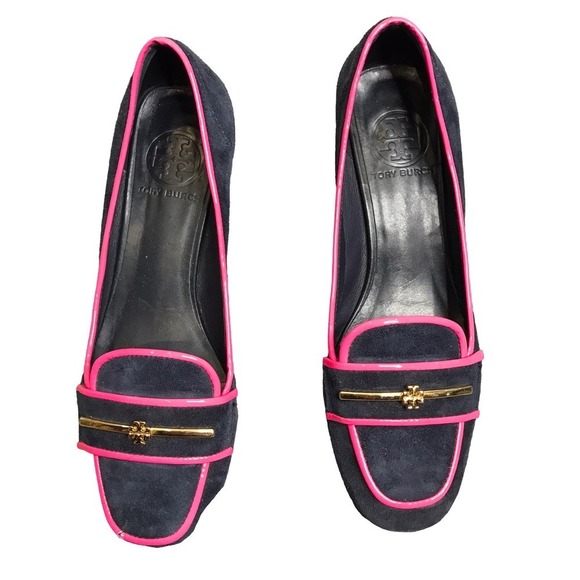 Tory Burch Nora Navy Blue/Pink Suede Loafers - Picture 2 of 7